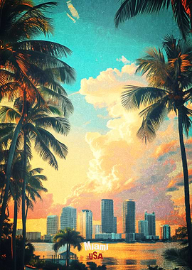 Miami Skyline with Palm Trees Poster