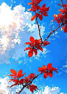 Red leaves against blue sky
