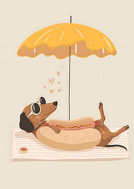 Dachshund in a Hot Dog Bun Under an Umbrella