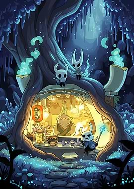 Hollow Knight characters at a shop