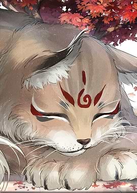 Sleeping Fox Spirit with Autumn Leaves