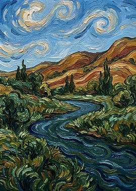Impressionist Landscape with River and Mountains