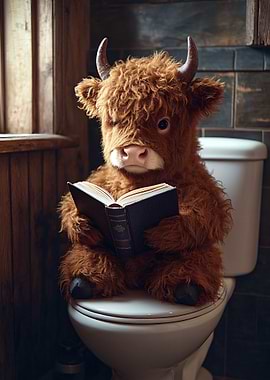 Highland Cow Reading a Book on Toilet