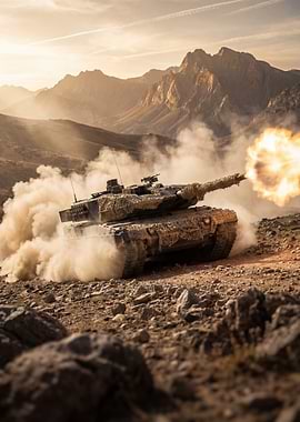 Tank firing in a desert landscape