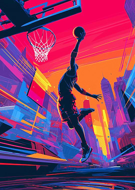 Basketball Player Dunking in Cityscape