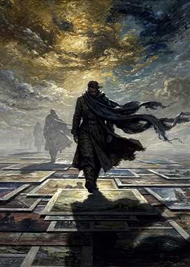 Man walking on a path of paintings