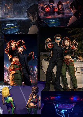 Cyberpunk characters with glowing symbols