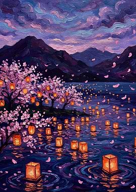 Floating Lanterns Under Cherry Blossoms