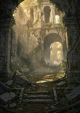 Ancient Ruined Courtyard with Sunlight