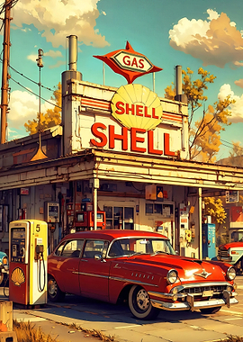 Retro Shell Gas Station with Classic Car