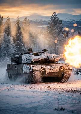 Tank Firing in Snowy Forest