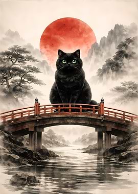 Black Cat on Red Japanese Bridge with Zen Landscape