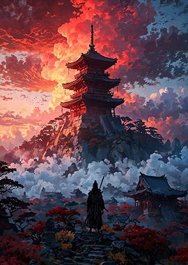 Samurai Overlooking Pagoda at Sunset