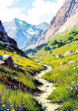 Mountain Valley Path with Wildflowers