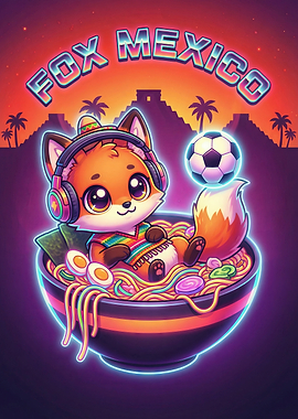 Cute Fox in Ramen Bowl with Soccer Ball