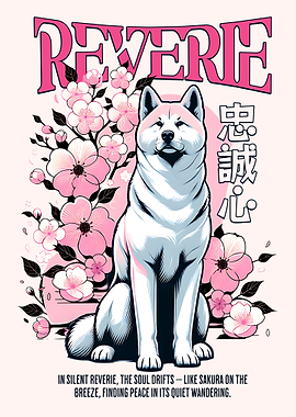 Akita Dog with Cherry Blossoms