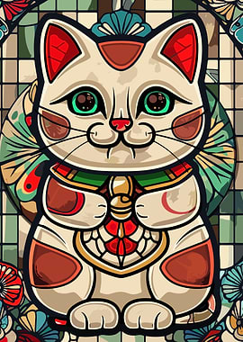Stained Glass Maneki Neko Cat