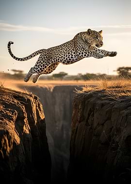 Leopard leaping across a canyon
