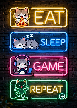 Cute Cats Eat Sleep Game Repeat Neon Sign