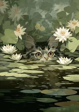 Cat Peeking from Water Lilies
