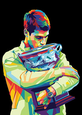 Man holding a trophy in pop art style
