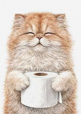 Fluffy Cat Holding Toilet Paper