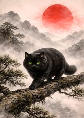 Black Cat Walking on Pine Branch with Red Sun