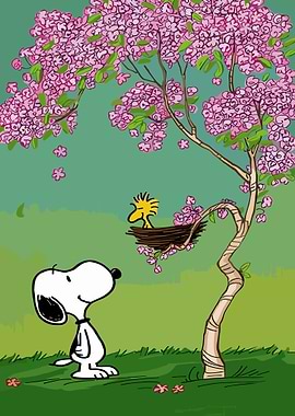 Snoopy and Woodstock under a flowering tree
