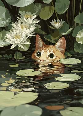 Cat Peeking From Water Lilies