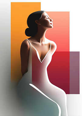 Woman in white dress with geometric background