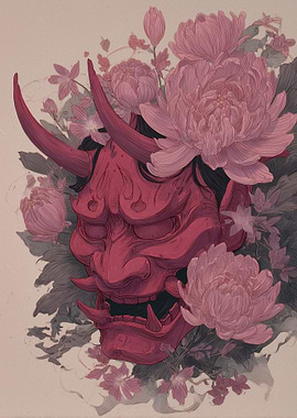 Red Oni Mask with Pink Flowers