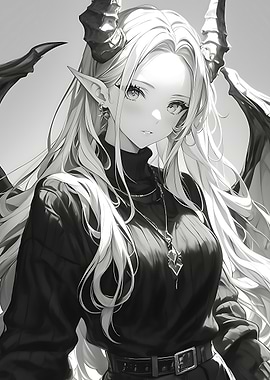 Anime Demon Girl with Horns and Wings