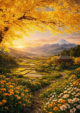 Autumn Japanese Landscape with Mount Fuji