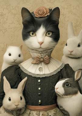Anthropomorphic Cat and Rabbits Portrait