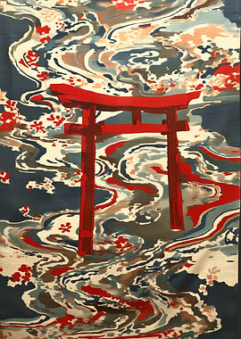 Red Torii Gate in Water with Cherry Blossoms