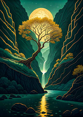 Spiritual Journey: Magical Tree, Waterfall, and Mountains Under the Moon