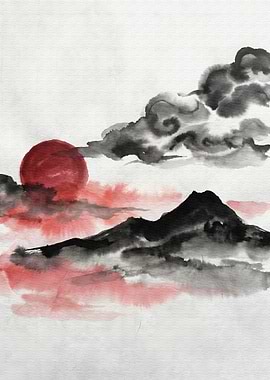 Ink Wash Mountain Sunset