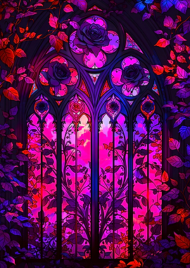 Gothic Stained Glass Window with Roses