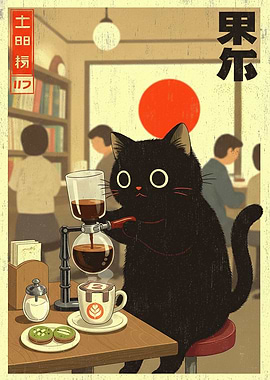 Black Cat Making Coffee in Cafe