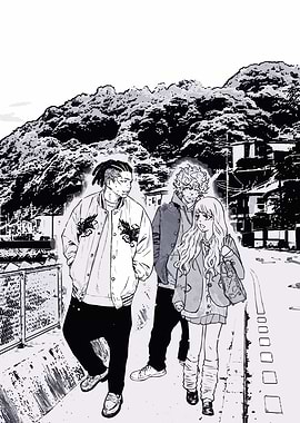 Three friends walking on a street