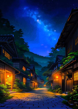Japanese Village Under Starry Night Sky