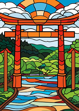 Stained Glass Torii Gate Landscape