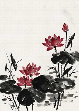 Red Lotus Flowers in Ink Wash Style