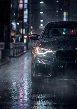Dark Bmw M2 Car in Rainy City Night