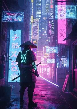 Cyberpunk Samurai with Neon Sword