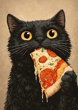 Black Cat Eating Pizza