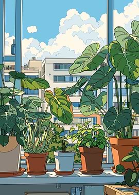 Potted plants on a windowsill with city view