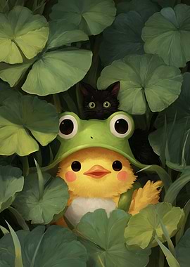 Cute chick in frog hat with cat