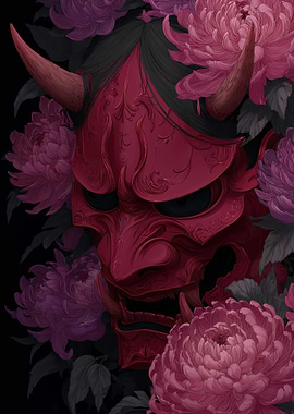 Red Oni Mask with Pink Chrysanthemums