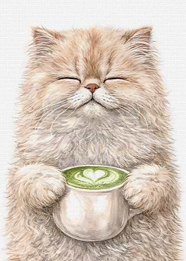 Fluffy Cat Enjoying Matcha Latte